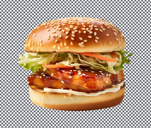 PSD deliciosa hamburguesa de salmón esmaltado de miso aislada sobre un fondo transparente