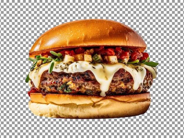 Deliciosa hamburguesa de tomate seco y mozzarella aislada sobre fondo transparente