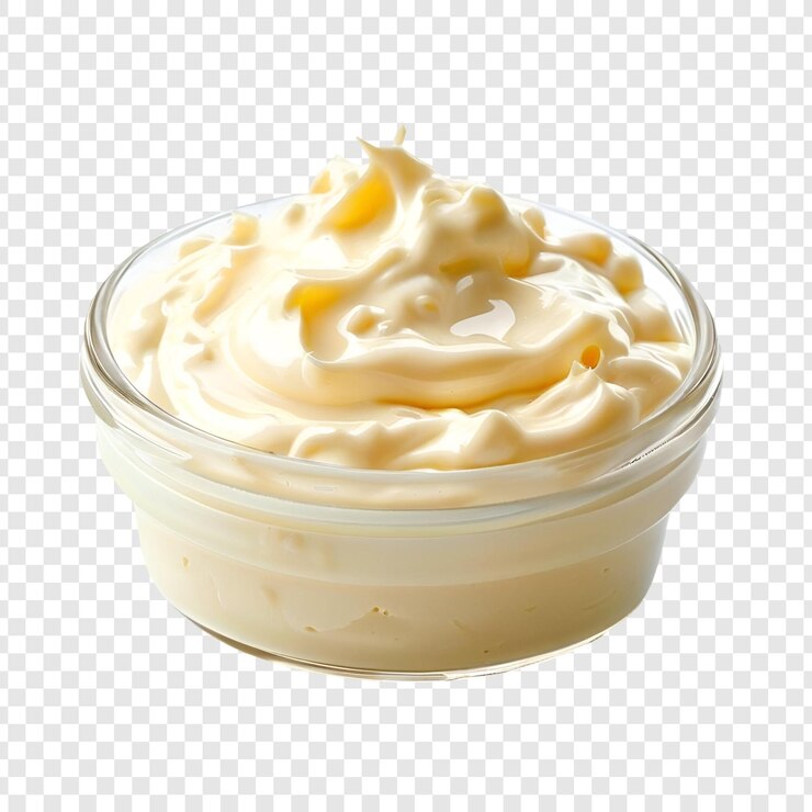 PSD deliciosa mayonesa cremosa en cuenco de vidrio cocina de alimentos aislada en transparente