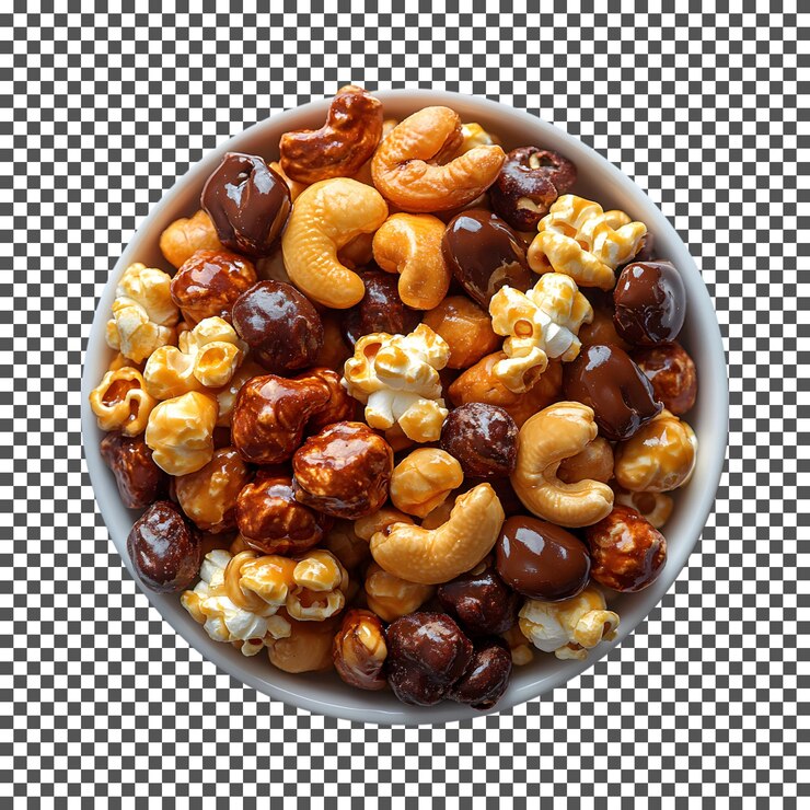 PSD deliciosa mezcla de caramelo de caju y palomitas de maíz aislada sobre un fondo transparente