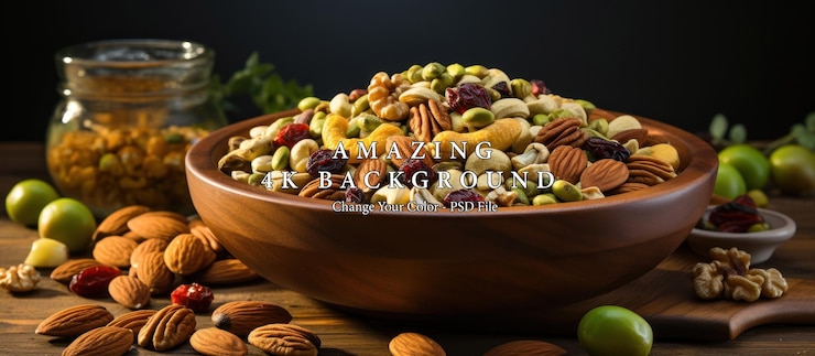 PSD deliciosa mezcla de nueces y frutas secas en un cuenco de madera