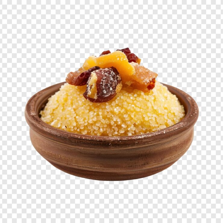 PSD deliciosa mingau de milho cremoso com manteiga, passas e frutas confitadas