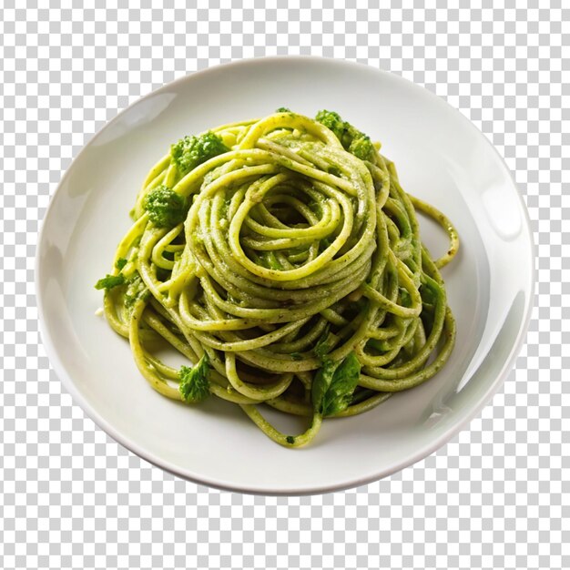 Deliciosa pasta de pesto en un plato blanco sobre un fondo transparente