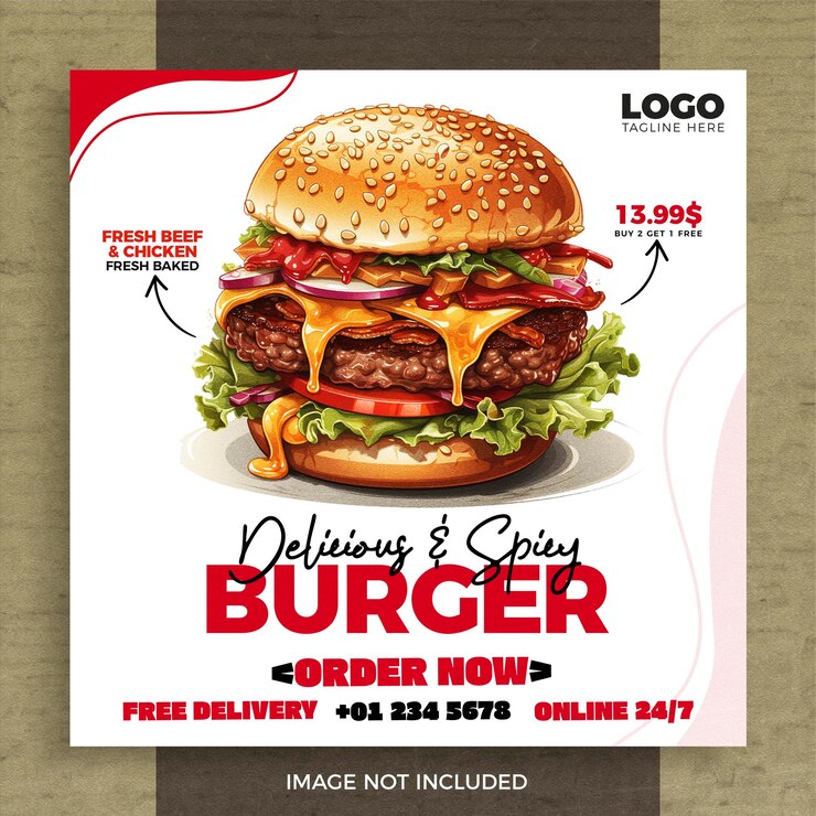 Deliciosa y picante hamburguesa comida rápida plantilla de publicación en las redes sociales