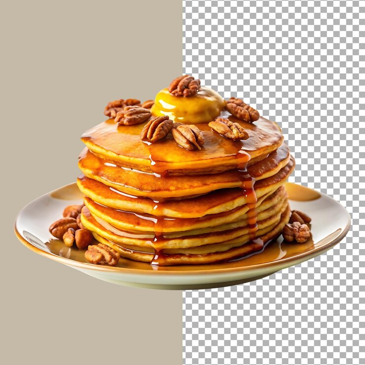 Deliciosa pila de panqueques con jarabe y nueces