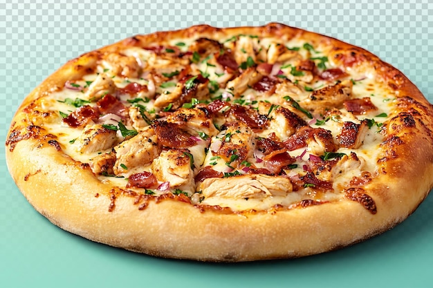 Deliciosa pizza de frango grosso em fundo azul.