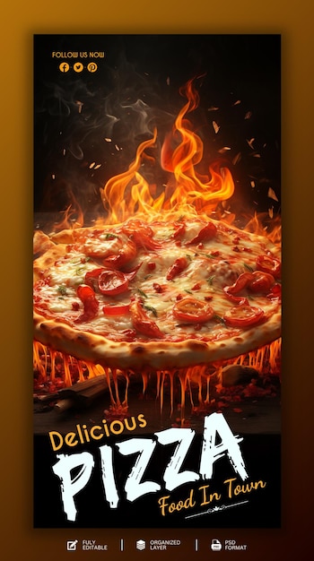 PSD deliciosa pizza e comida desenhado à mão modelo design