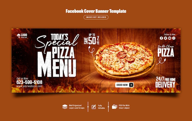 PSD deliciosa pizza e menu de comida modelo de banner de capa do facebook psd premium