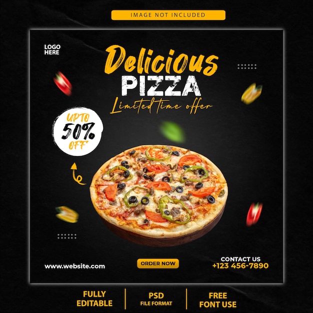 Deliciosa pizza y menú de comida plantilla de banner de redes sociales