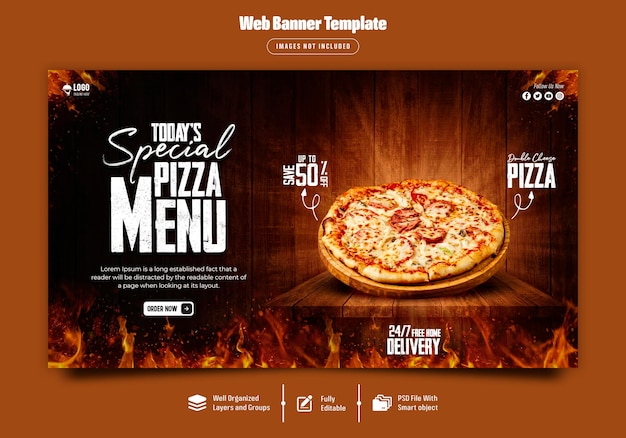 Deliciosa pizza y menú de comida plantilla de banner web premium psd