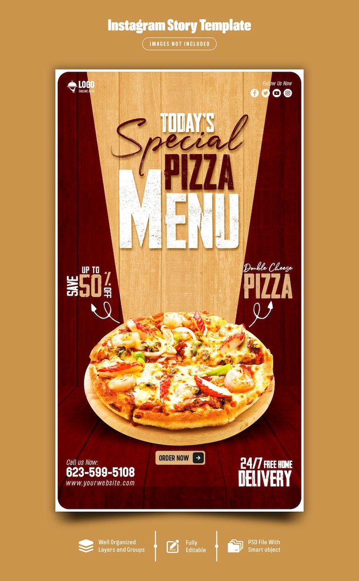 PSD deliciosa pizza y menú de comida plantilla de historia de instagram premium psd