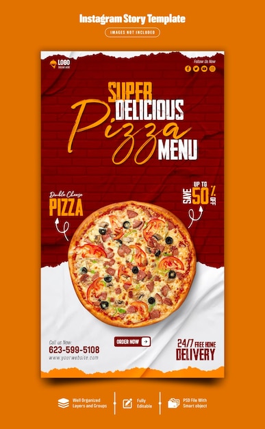 PSD deliciosa pizza y menú de comida plantilla de historia de instagram premium psd