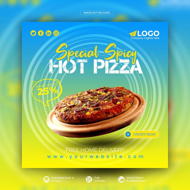 Deliciosa pizza y menú de comida promoción de redes sociales banner cuadrado plantilla psd