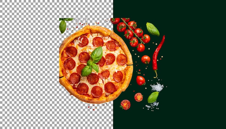 PSD deliciosa pizza de pepperoni con albahaca fresca y tomates de cereza en un fondo transparente png psd