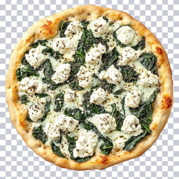 PSD deliciosa pizza de ricotta y espinaca desde arriba sobre un fondo transparente