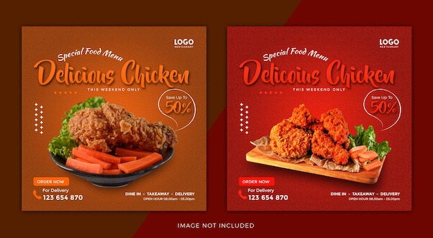 deliciosa plantilla de banner de pollo o diseño de conjunto de menú de restaurante de comida de publicación en redes sociales 1