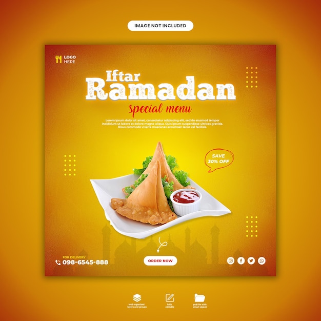 PSD deliciosa plantilla de diseño de banner de menú de comida ramadán o diseño de publicación en redes sociales de instagram