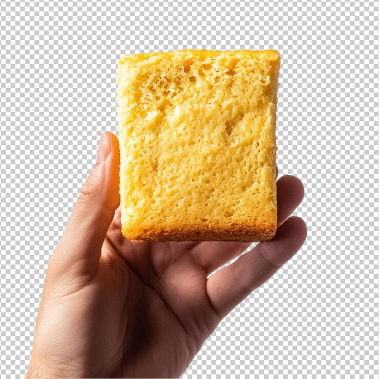 PSD deliciosa rebanada de pan de maíz dorado en la mano dulce horneado trato comida comida sabrosa pieza imagen ligera amarilla
