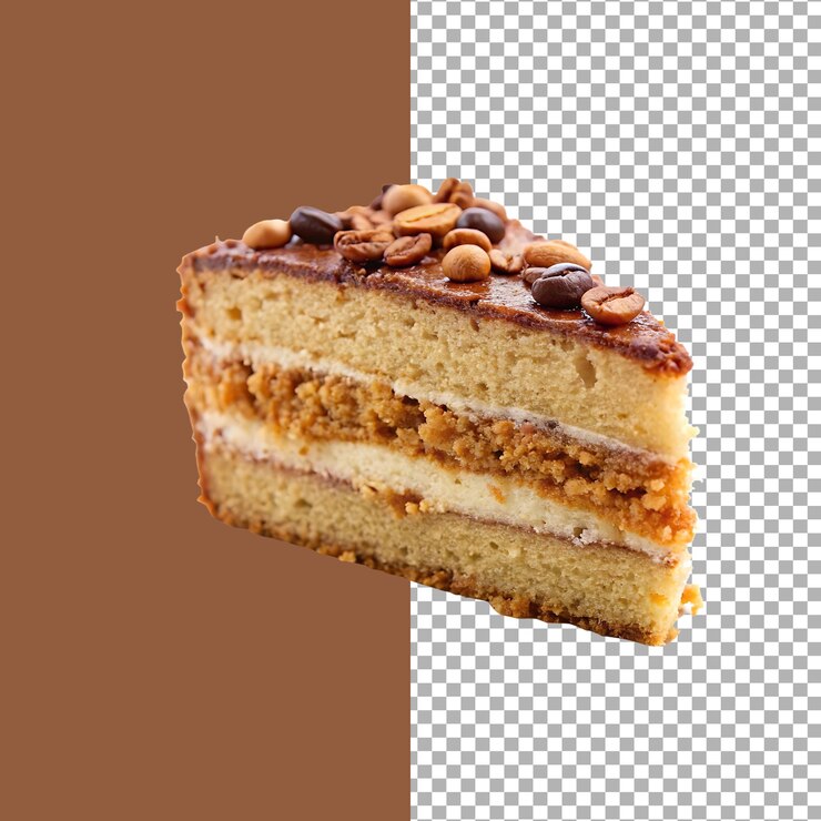 Deliciosa rebanada de pastel con cacahuetes y granos de café