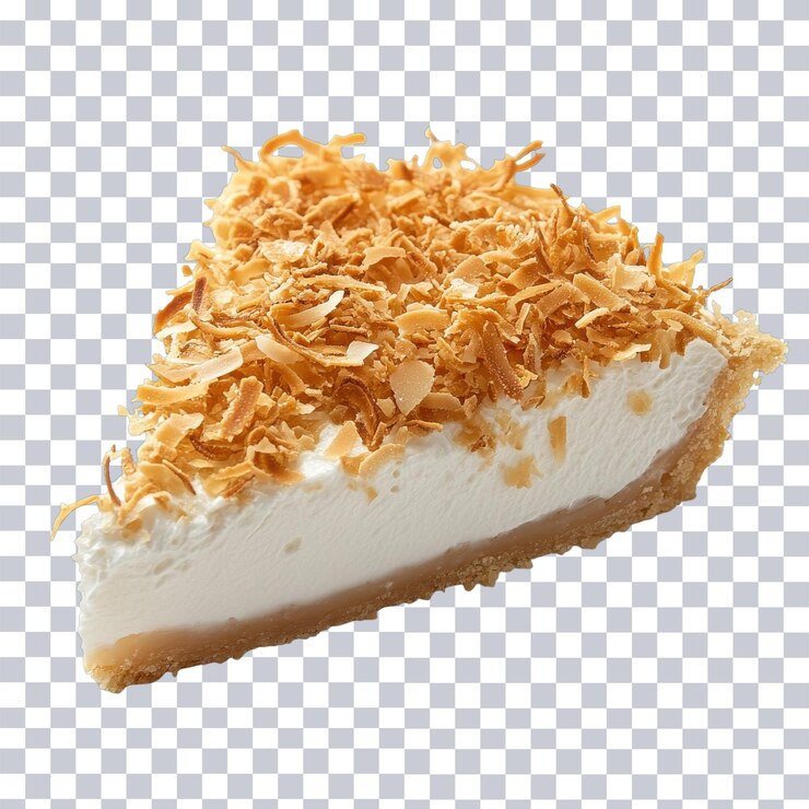 PSD deliciosa rebanada de pastel de crema de coco con coco tostado para los amantes de los postres sobre un fondo transparente