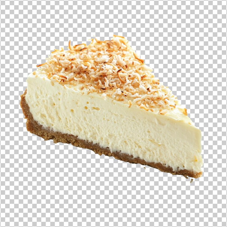 PSD deliciosa rebanada de pastel de crema de coco en un plato aislado transparente