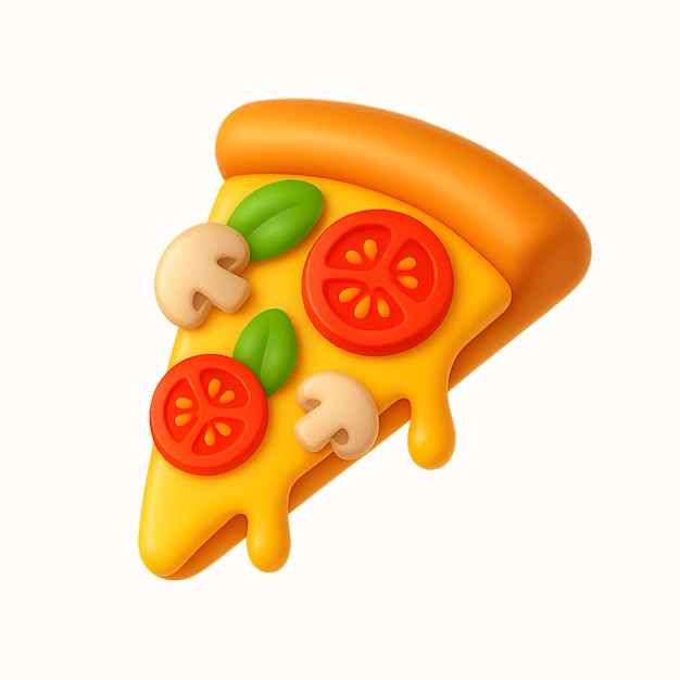 Deliciosa rebanada de pizza de dibujos animados con tomates, setas y queso.