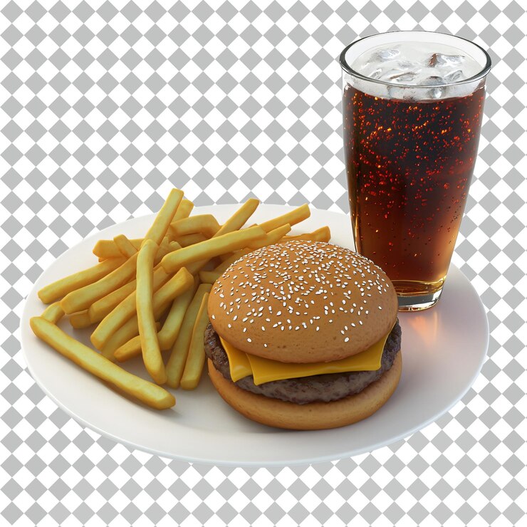 PSD deliciosa refeição de cheeseburger com batatas fritas e uma cola