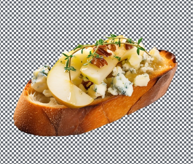 PSD deliciosa y sabrosa pera y gorgonzola crostini aislados sobre un fondo transparente