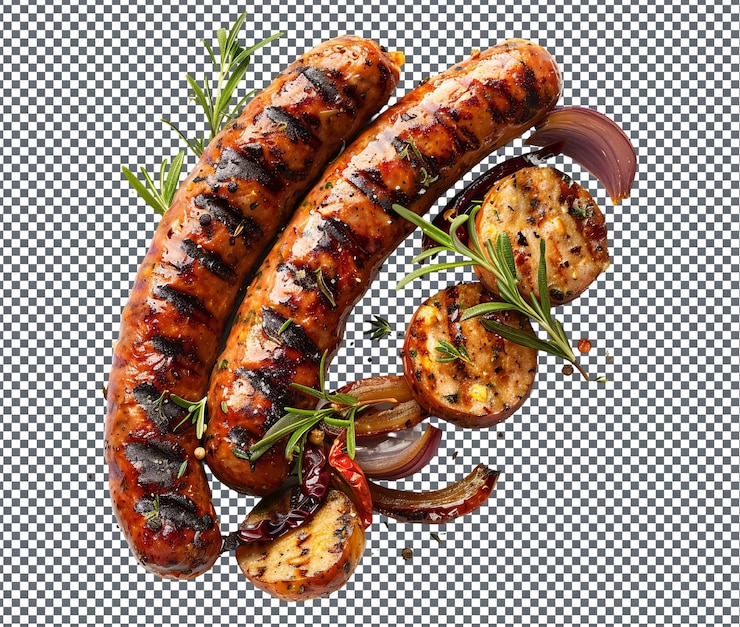 PSD deliciosa salchicha de venado a la parrilla aislada sobre un fondo transparente
