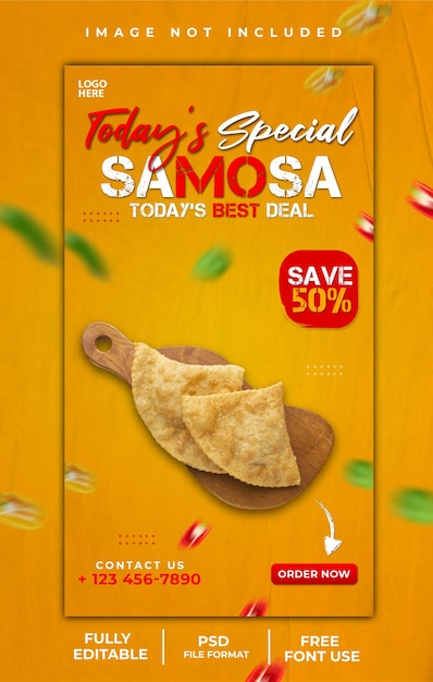 PSD deliciosa samosa y menú de comida en instagram y facebook