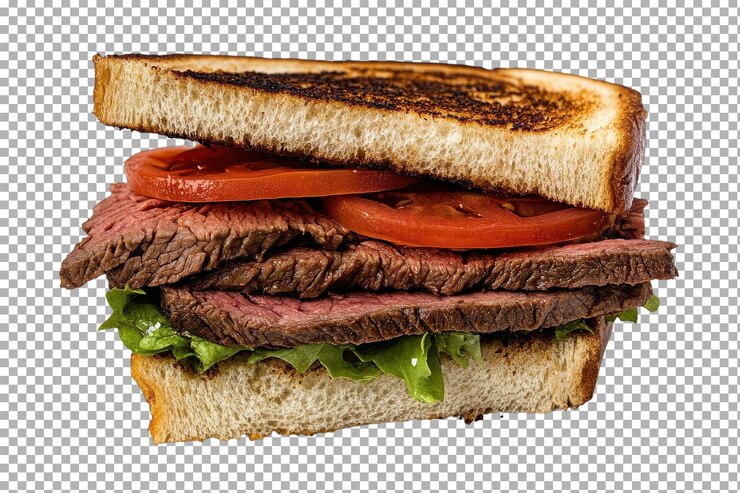 PSD deliciosa sanduíche de roast beef com alface fresca e tomate em pão torrado