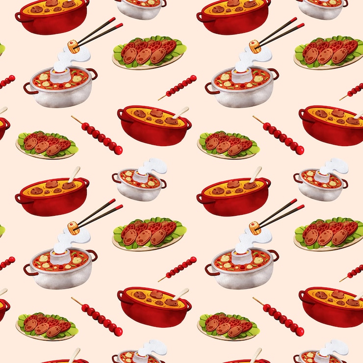PSD deliciosa sopa de carne de olla roja picante malatang salchicha china acuarela dibujada a mano con un patrón sin costuras