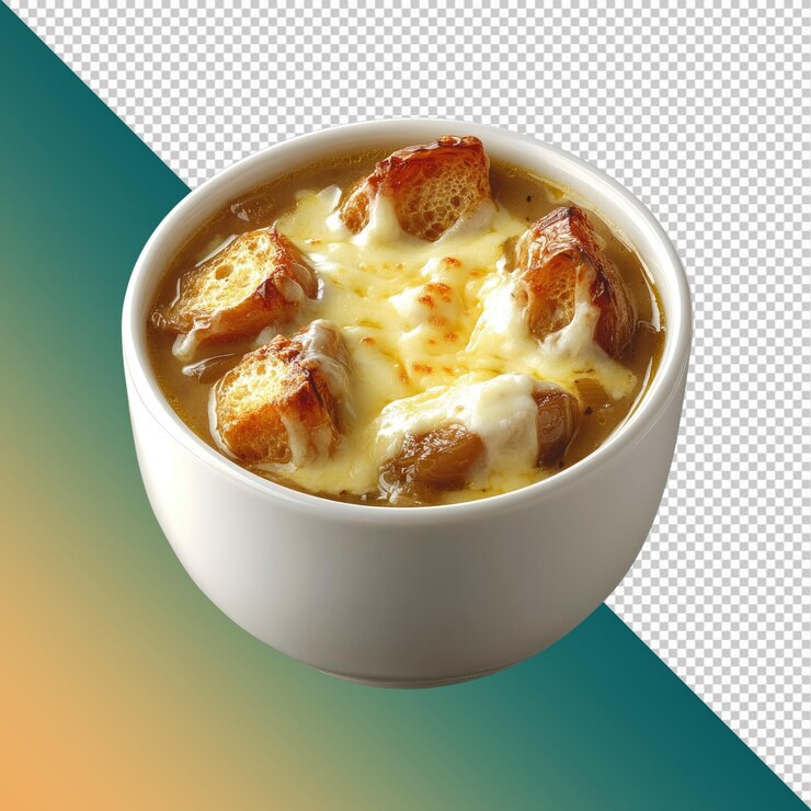 PSD deliciosa sopa de cebolla francesa con queso derretido y croutons crujientes