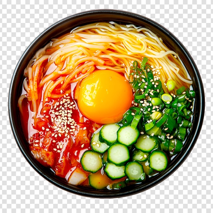 PSD deliciosa sopa de macarrão kimchi com ovo e pepino