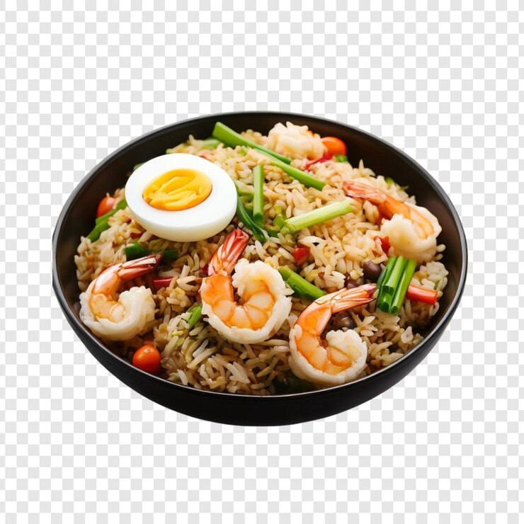 PSD deliciosa tigela de arroz frito de camarão com ovos, legumes e especiarias
