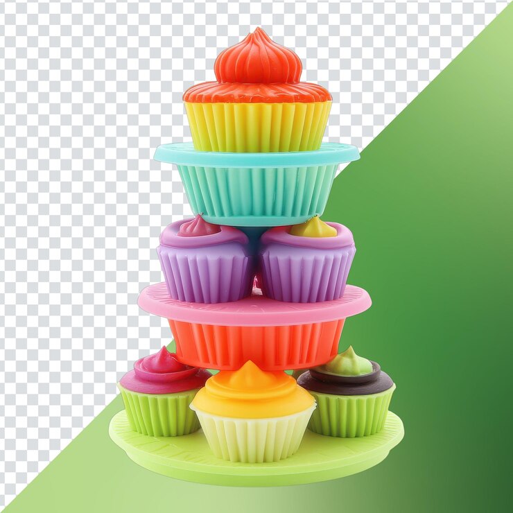 PSD deliciosa torre de pasteles de arco iris que muestra una variedad de golosinas de silicona vibrantes para ocasiones festivas o diversión en el tiempo de juego