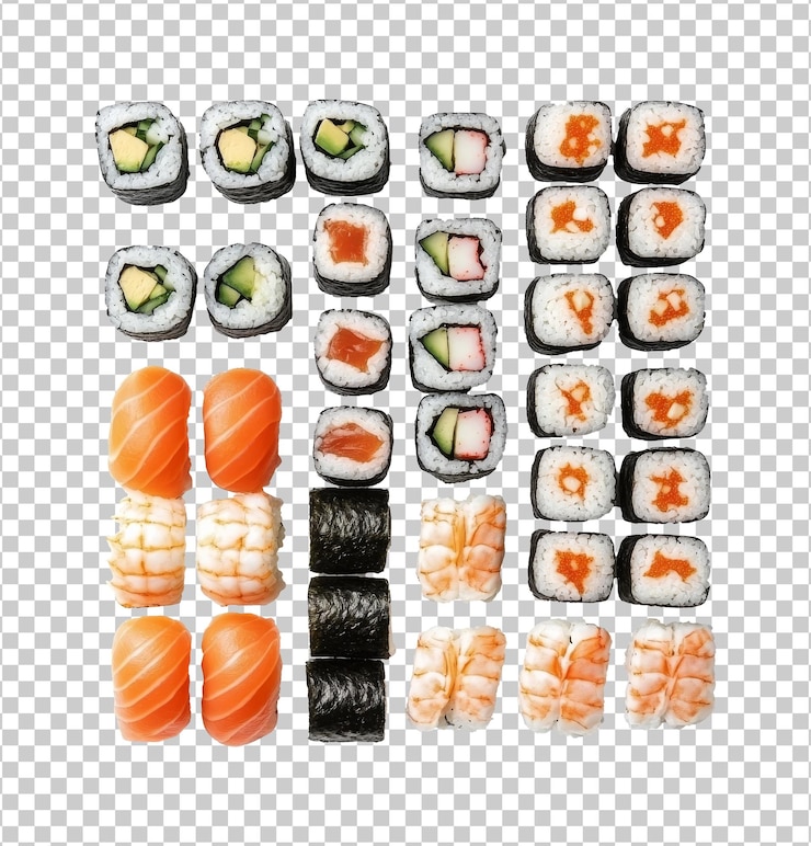 PSD una deliciosa variedad de rollos de sushi servidos en un plato blanco transparente