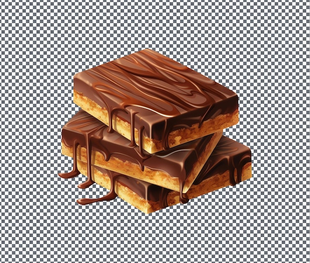 Deliciosas barras de chocolate con caramelo aislado sobre un fondo transparente