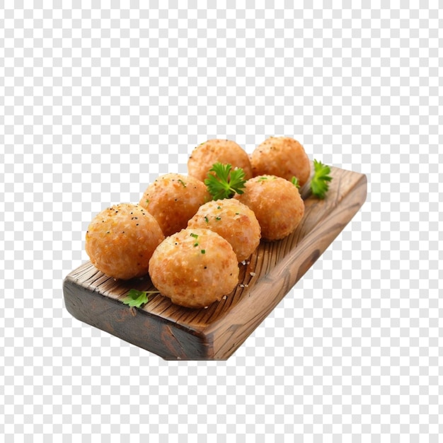 Deliciosas bolas de carne de frango de gergelim em guarnição de tábua de madeira