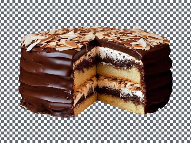 PSD deliciosas camadas de um bolo de amêndoa e chocolate em um fundo transparente