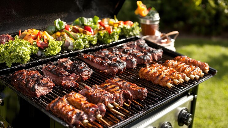 PSD deliciosas carnes y verduras a la parrilla en una parrilla de gas al aire libre