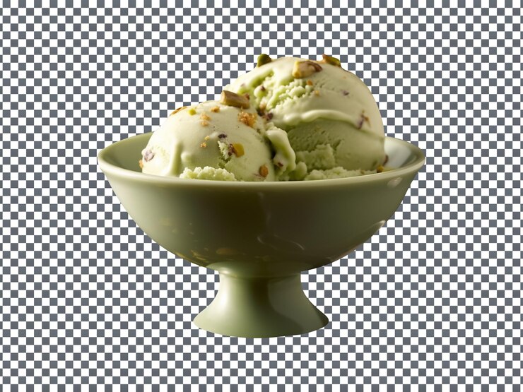 PSD deliciosas cucharadas de helado de pistacho fresco en un cuenco aislado sobre un fondo transparente