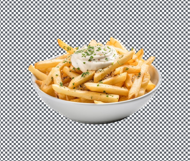 Deliciosas e magníficas batatas fritas com alho e parmesão isoladas em fundo transparente