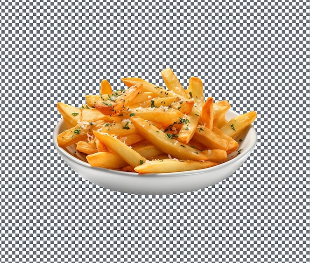 Deliciosas e magníficas batatas fritas com alho e parmesão isoladas em fundo transparente