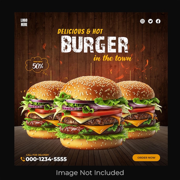 PSD deliciosas hamburguesas y comida plantilla de publicación de banner en las redes sociales