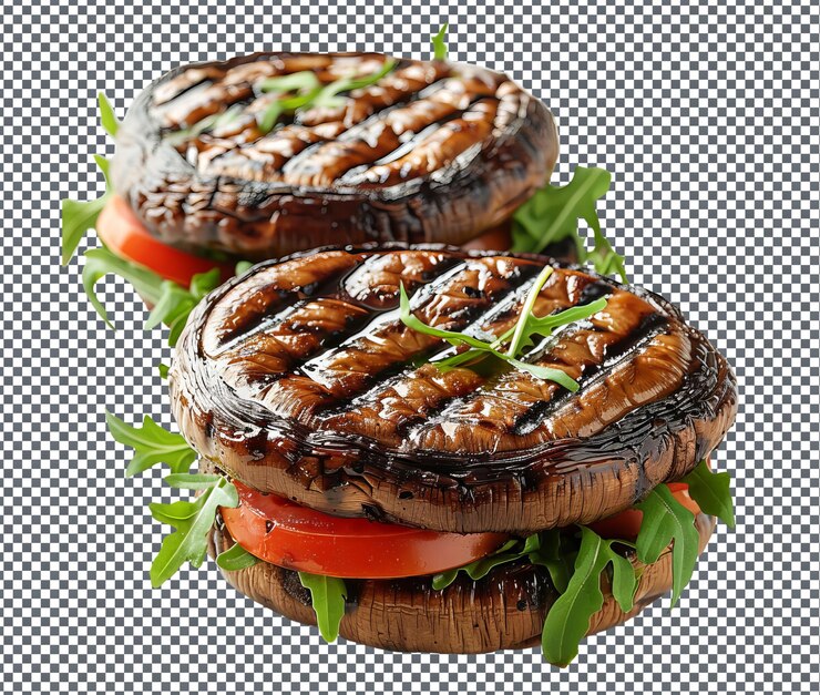 PSD deliciosas hamburguesas de setas portobello a la parrilla aisladas sobre un fondo transparente
