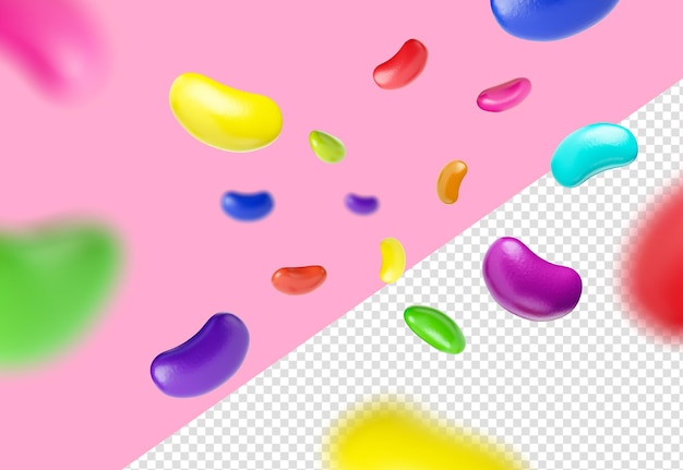 PSD deliciosas jujubas coloridas caindo na ilustração 3d de jelly beans em borracha de cor de fundo