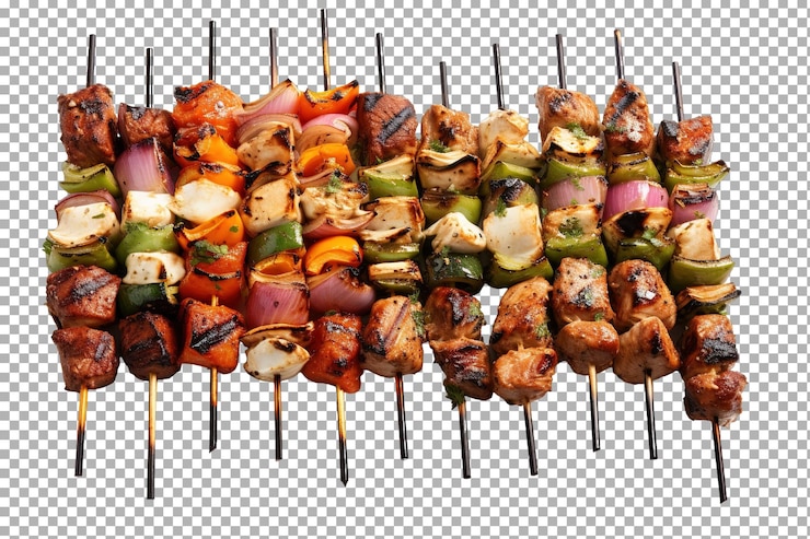 PSD deliciosas salchichas a la parrilla con pollo jugoso y verduras de colores en una reunión de cocina de verano aislada sobre un fondo transparente png