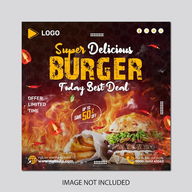 Delicioso anuncio de hamburguesa para una hamburguesa llamada hamburguesa con queso a la parrilla plantilla de publicación en redes sociales
