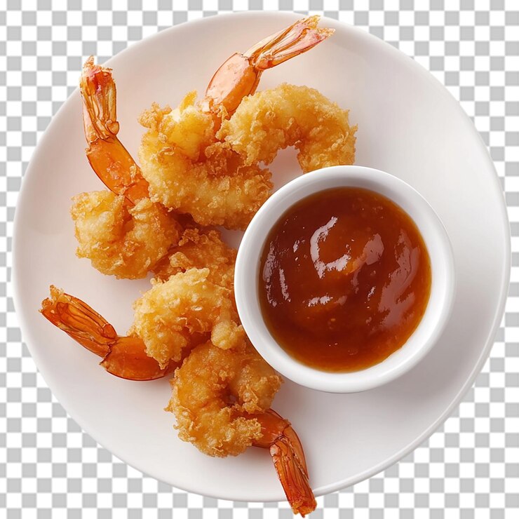 PSD delicioso aperitivo di gamberetti fritti croccanti con salsa d'arancia dolce piatto di cibo mangiare piatto di pasto pranzo alto